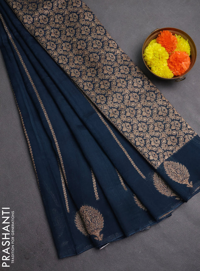 Banarasi semi raw silk saree peacock blue with allover thread & zari woven weaves and woven butta border