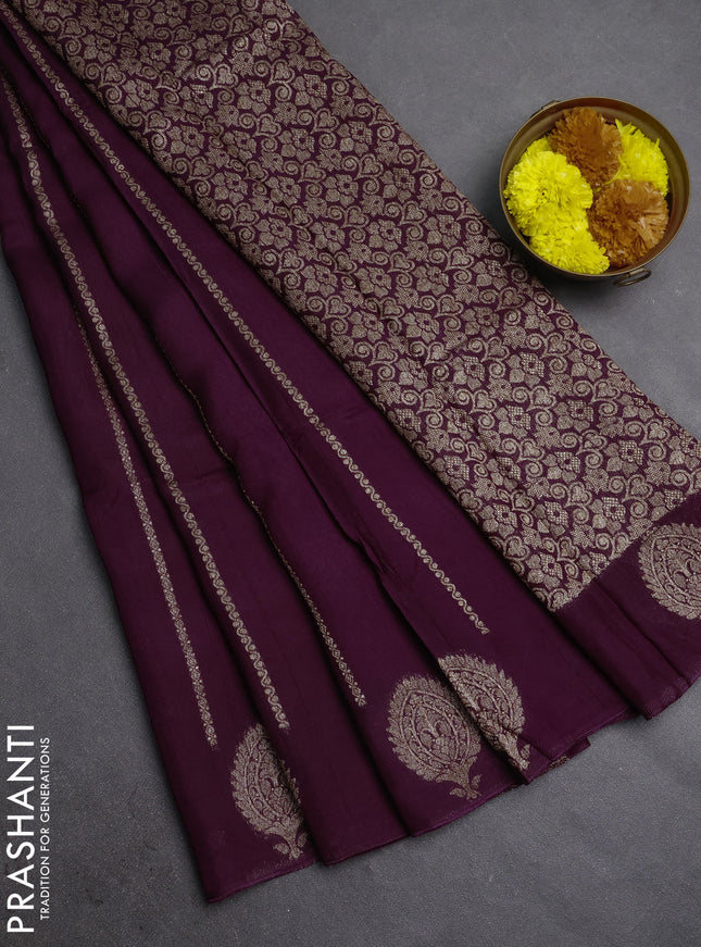 Banarasi semi raw silk saree deep wine with allover thread & zari woven weaves and woven butta border