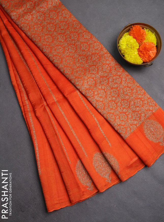 Banarasi semi raw silk saree orange with allover thread & zari woven weaves and woven butta border