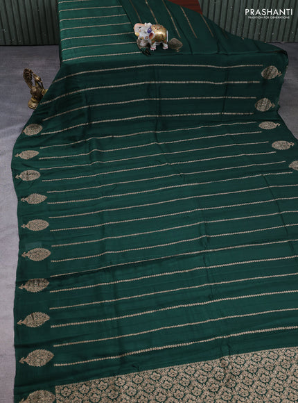 Banarasi semi raw silk saree bottle green with allover thread & zari woven weaves and woven butta border