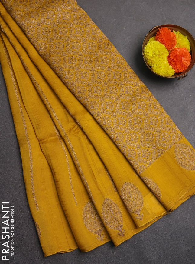 Banarasi semi raw silk saree mustard yellow with allover thread & zari woven weaves and woven butta border