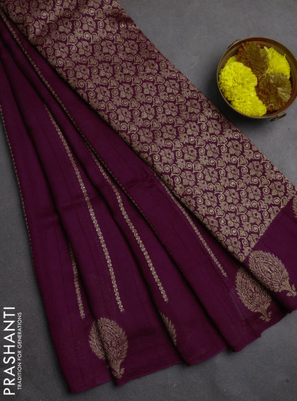 Banarasi semi raw silk saree wine shade with allover thread & zari woven weaves and woven butta border