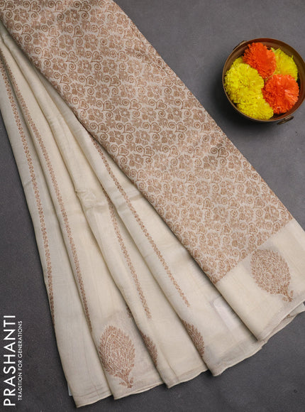 Banarasi semi raw silk saree off white with allover thread & zari woven weaves and woven butta border