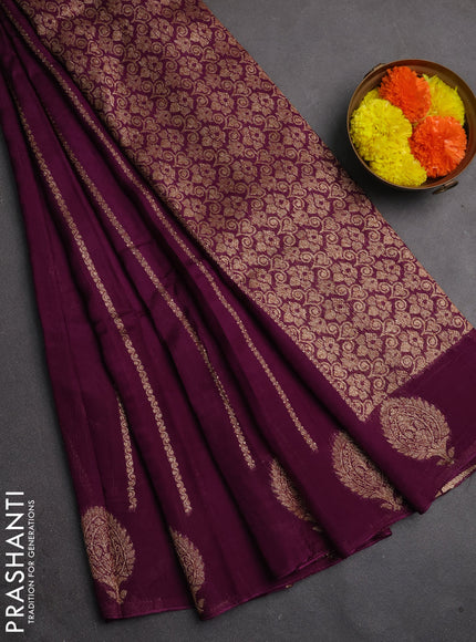 Banarasi semi raw silk saree deep wine with allover thread & zari woven weaves and woven butta border