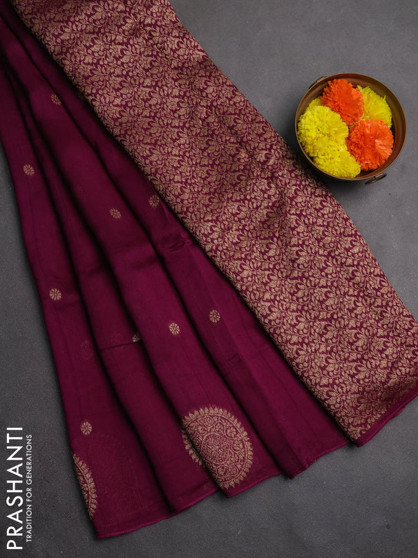 Banarasi semi raw silk saree dark magenta pink with allover thread & zari woven buttas and woven butta border