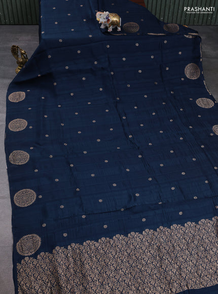 Banarasi semi raw silk saree peacock blue with allover thread & zari woven buttas and woven butta border