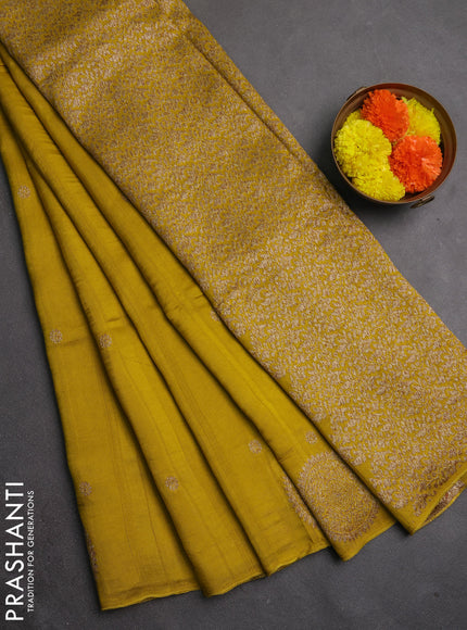 Banarasi semi raw silk saree mustard yellow with allover thread & zari woven buttas and woven butta border
