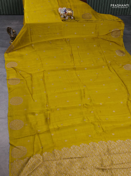 Banarasi semi raw silk saree mustard yellow with allover thread & zari woven buttas and woven butta border