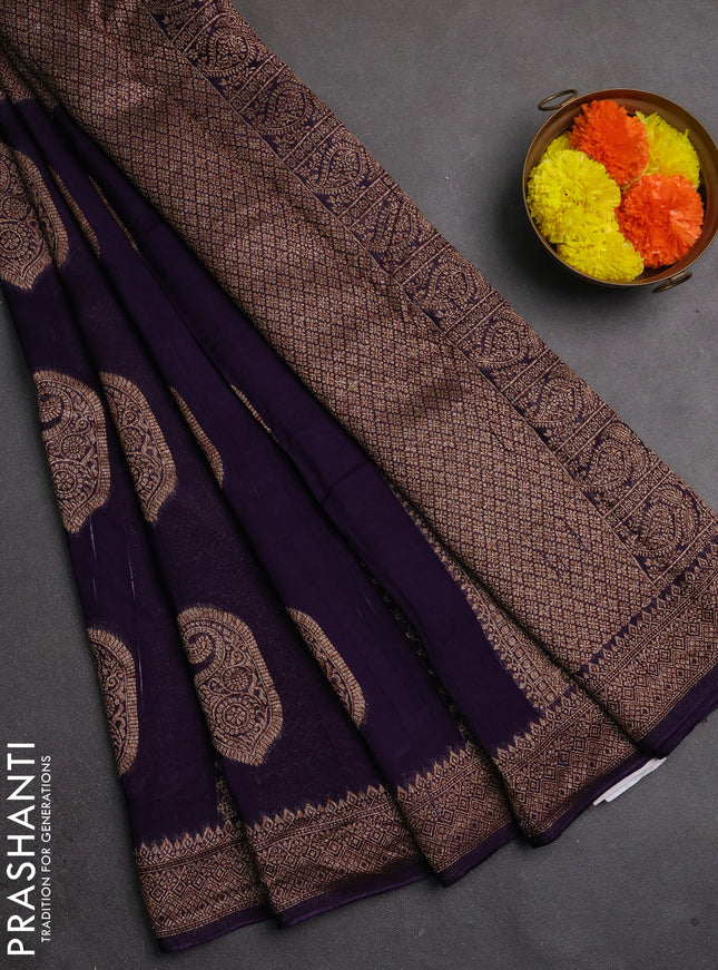Banarasi semi raw silk saree deep violet with allover thread & zari weaves & buttas and woven border