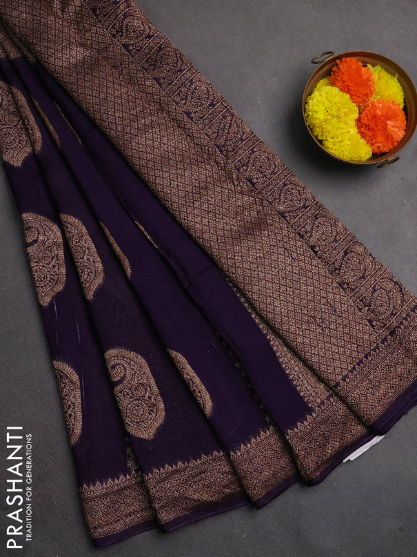 Banarasi semi raw silk saree deep violet with allover thread & zari weaves & buttas and woven border