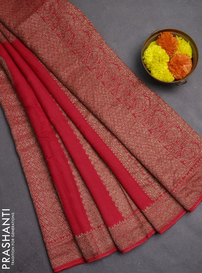 Banarasi semi raw silk saree red with allover thread & zari weaves & buttas and woven border