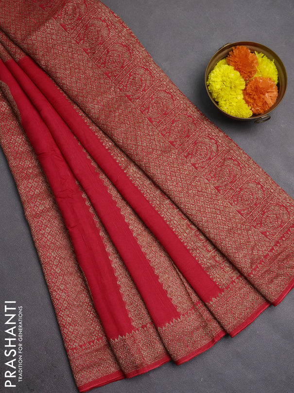 Banarasi semi raw silk saree red with allover thread & zari weaves & buttas and woven border