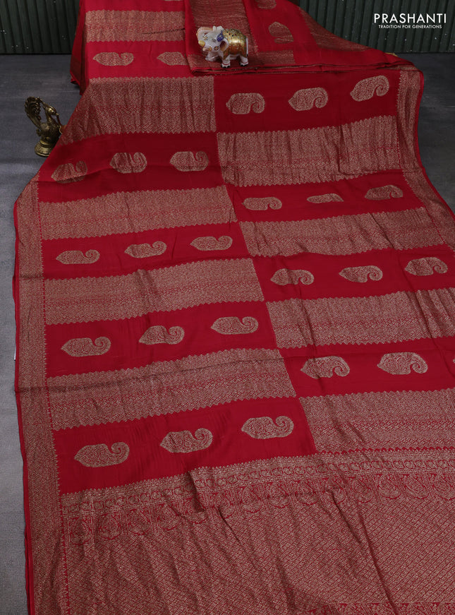 Banarasi semi raw silk saree red with allover thread & zari weaves & buttas and woven border