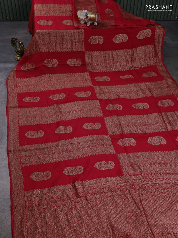 Banarasi semi raw silk saree red with allover thread & zari weaves & buttas and woven border
