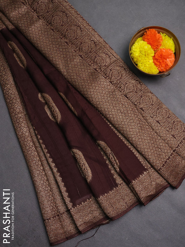 Banarasi semi raw silk saree coffee brown with allover thread & zari weaves & buttas and woven border