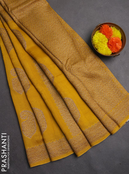 Banarasi semi raw silk saree mustard yellow with allover thread & zari weaves & buttas and woven border