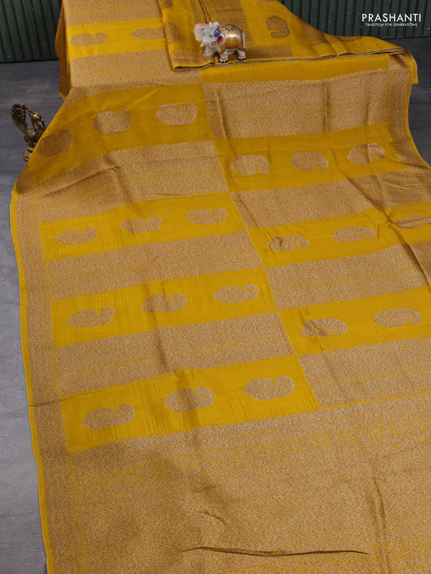 Banarasi semi raw silk saree mustard yellow with allover thread & zari weaves & buttas and woven border