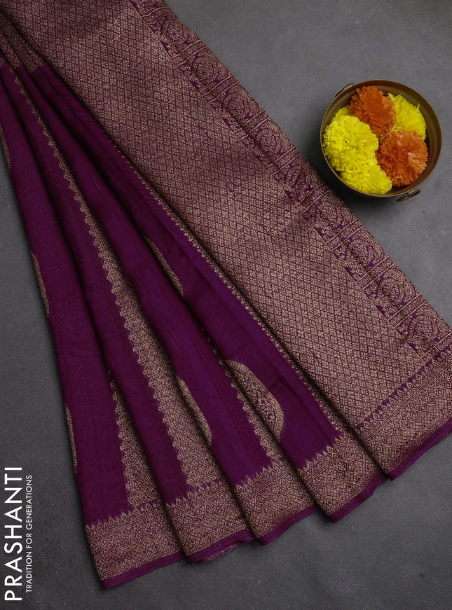 Banarasi semi raw silk saree dark magenta pink with allover thread & zari weaves & buttas and woven border