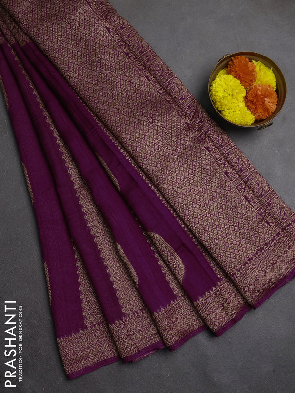 Banarasi semi raw silk saree dark magenta pink with allover thread & zari weaves & buttas and woven border