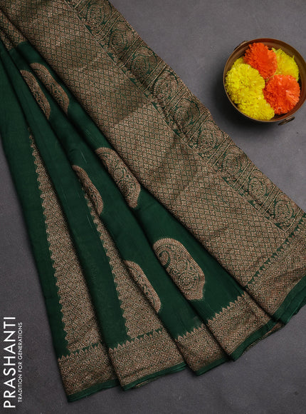 Banarasi semi raw silk saree green with allover thread & zari weaves & buttas and woven border