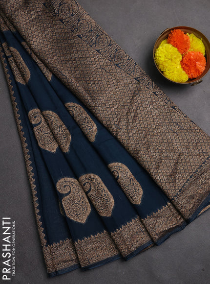 Banarasi semi raw silk saree peacock blue with allover thread & zari weaves & buttas and woven border