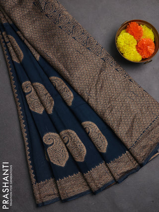 Banarasi semi raw silk saree peacock blue with allover thread & zari weaves & buttas and woven border