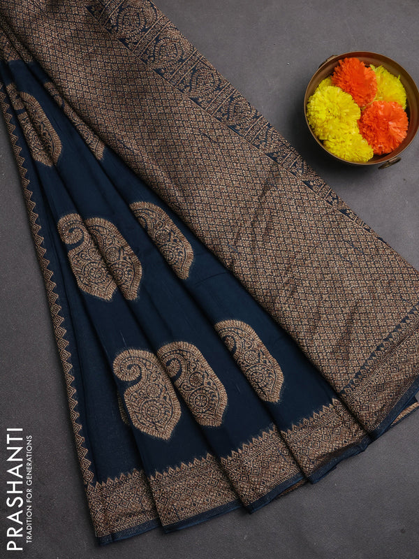 Banarasi semi raw silk saree peacock blue with allover thread & zari weaves & buttas and woven border