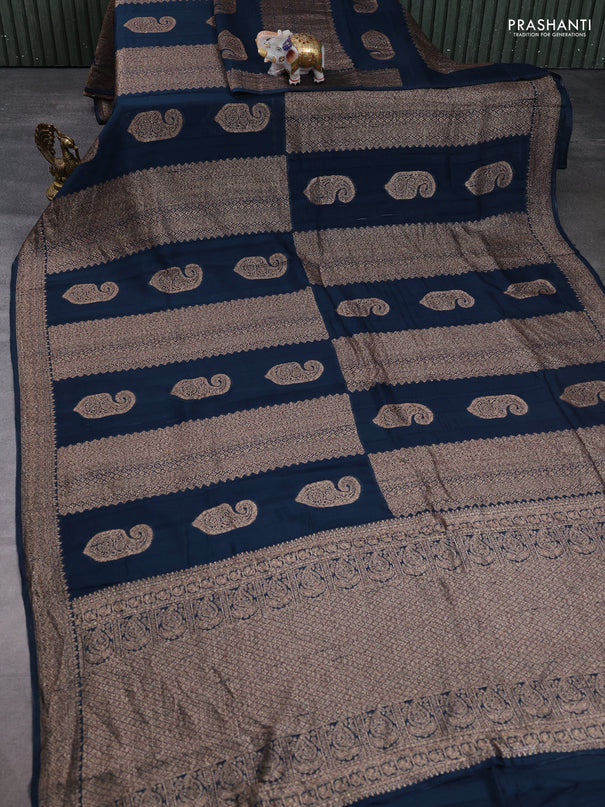 Banarasi semi raw silk saree peacock blue with allover thread & zari weaves & buttas and woven border