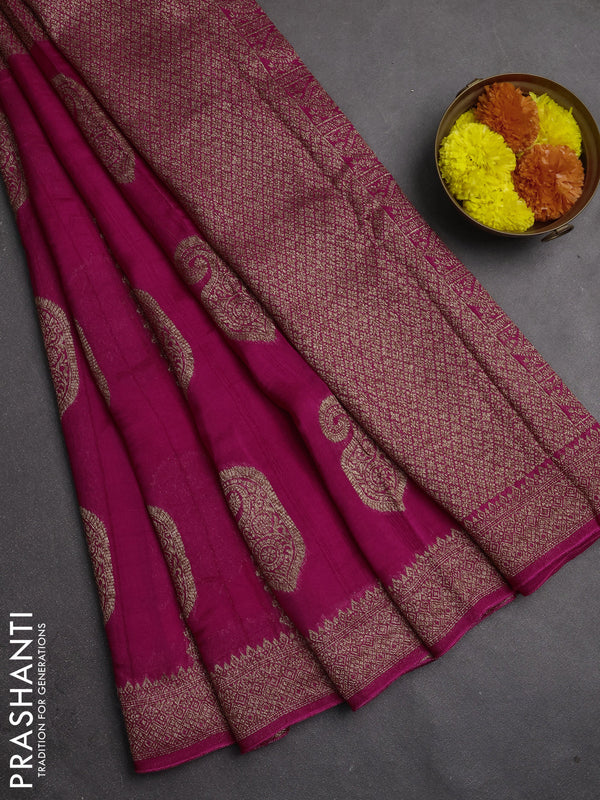 Banarasi semi raw silk saree dark pink with allover thread & zari weaves & buttas and woven border