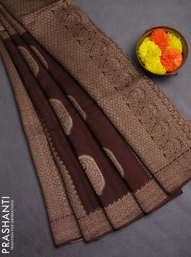 Banarasi semi raw silk saree coffee brown with allover thread & zari weaves & buttas and woven border