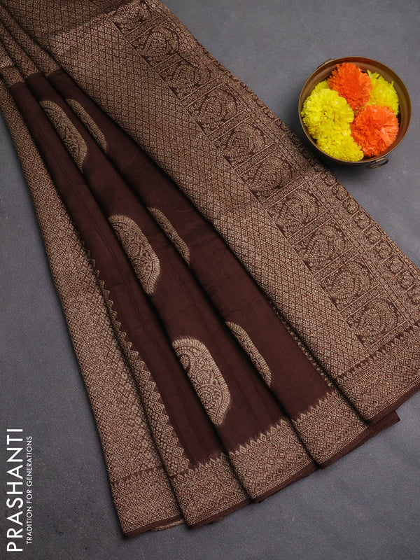 Banarasi semi raw silk saree coffee brown with allover thread & zari weaves & buttas and woven border