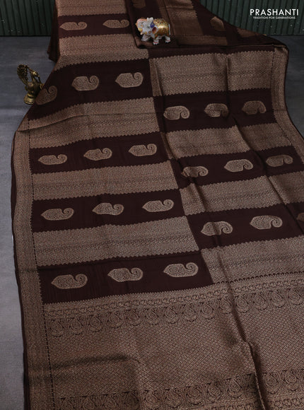 Banarasi semi raw silk saree coffee brown with allover thread & zari weaves & buttas and woven border