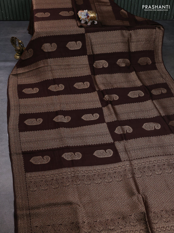 Banarasi semi raw silk saree coffee brown with allover thread & zari weaves & buttas and woven border