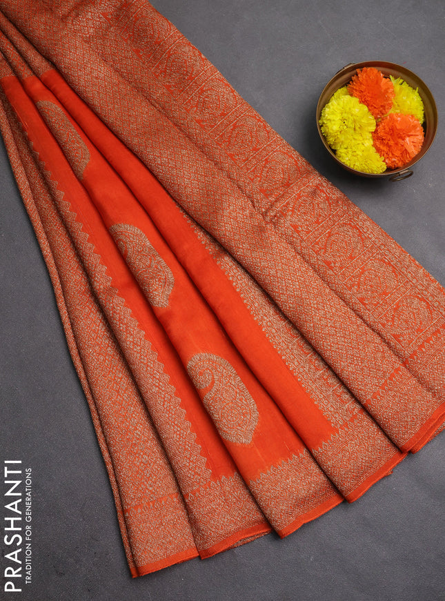 Banarasi semi raw silk saree orange with allover thread & zari weaves & buttas and woven border