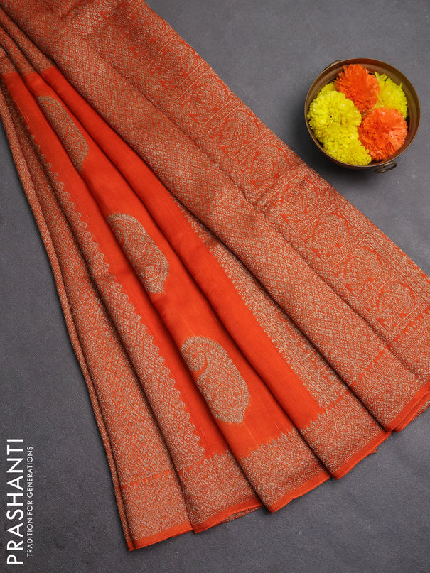 Banarasi semi raw silk saree orange with allover thread & zari weaves & buttas and woven border