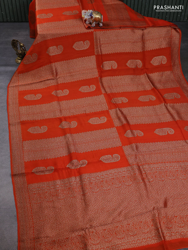 Banarasi semi raw silk saree orange with allover thread & zari weaves & buttas and woven border
