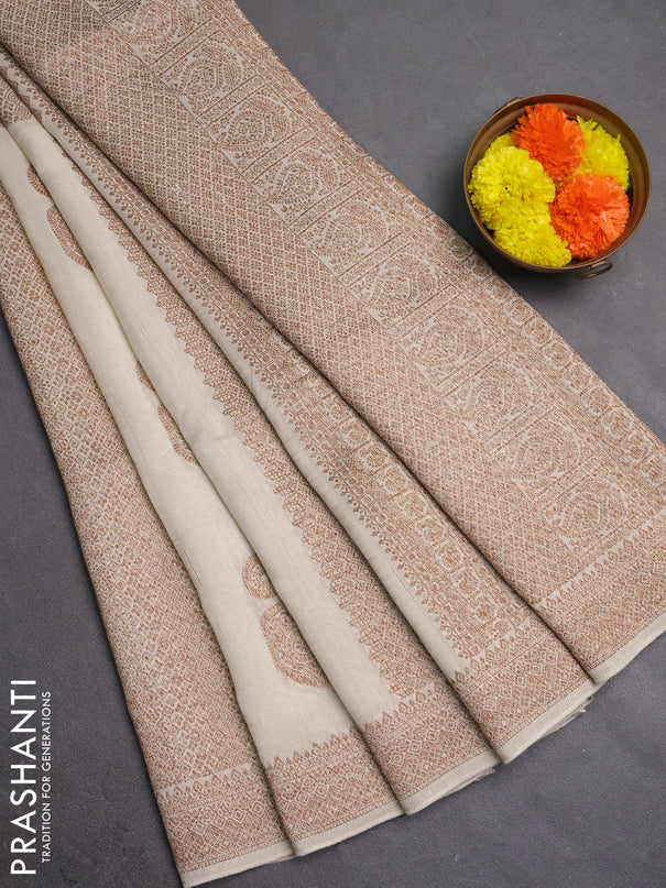 Banarasi semi raw silk saree cream with allover thread & zari weaves & buttas and woven border
