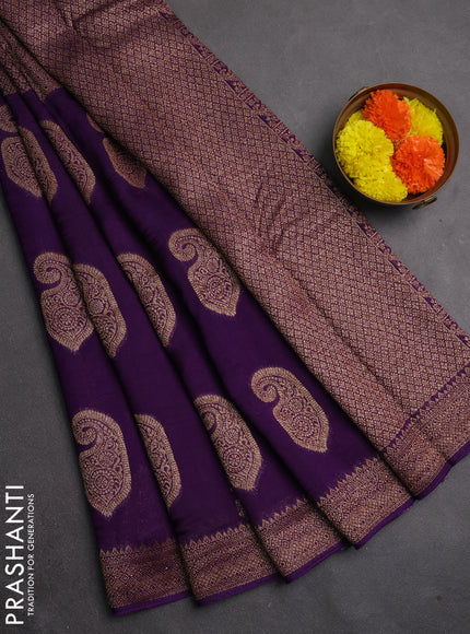 Banarasi semi raw silk saree violet with allover thread & zari weaves & buttas and woven border
