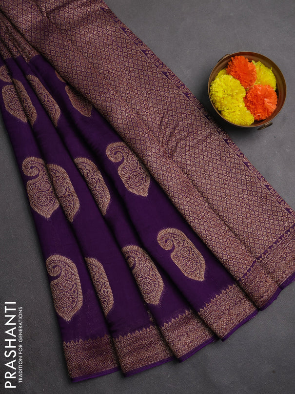 Banarasi semi raw silk saree violet with allover thread & zari weaves & buttas and woven border