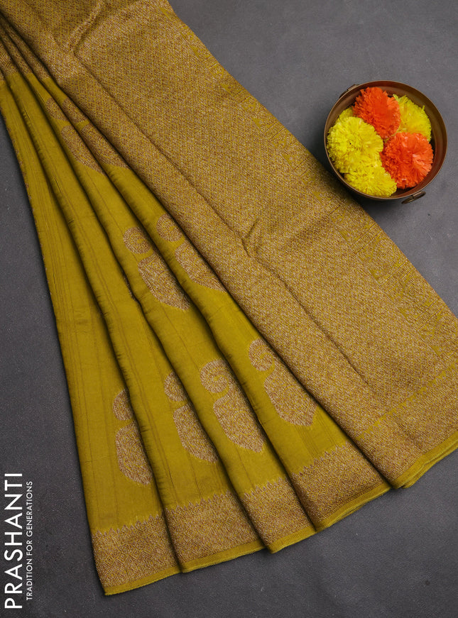 Banarasi semi raw silk saree mustard green with allover thread & zari weaves & buttas and woven border