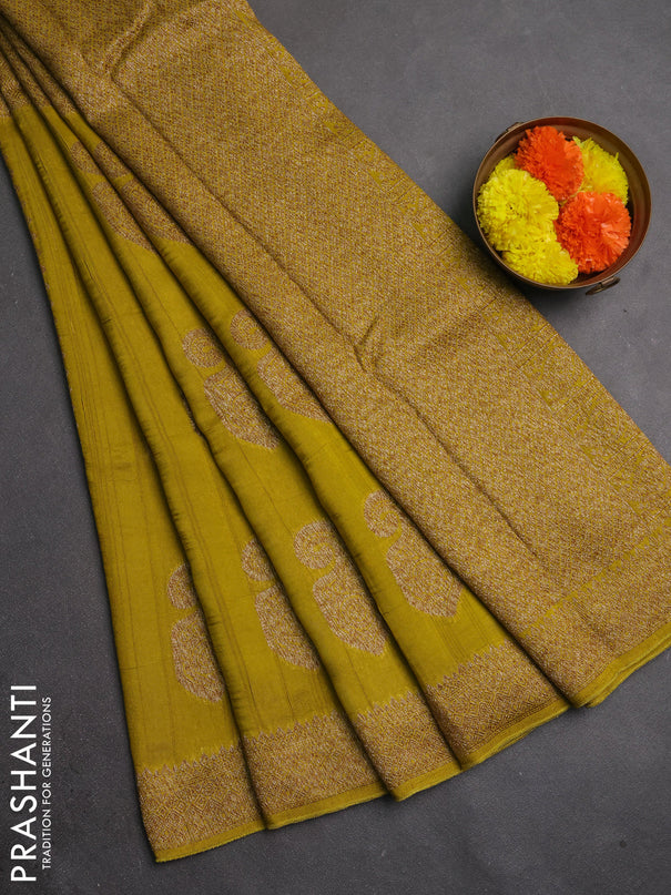 Banarasi semi raw silk saree mustard green with allover thread & zari weaves & buttas and woven border