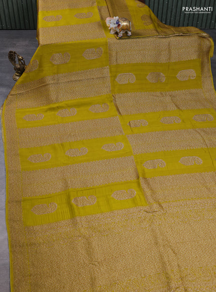 Banarasi semi raw silk saree mustard green with allover thread & zari weaves & buttas and woven border