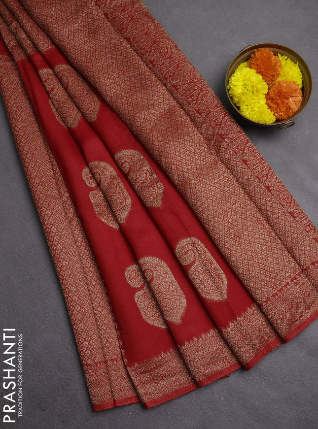 Banarasi semi raw silk saree red with allover thread & zari weaves & buttas and woven border
