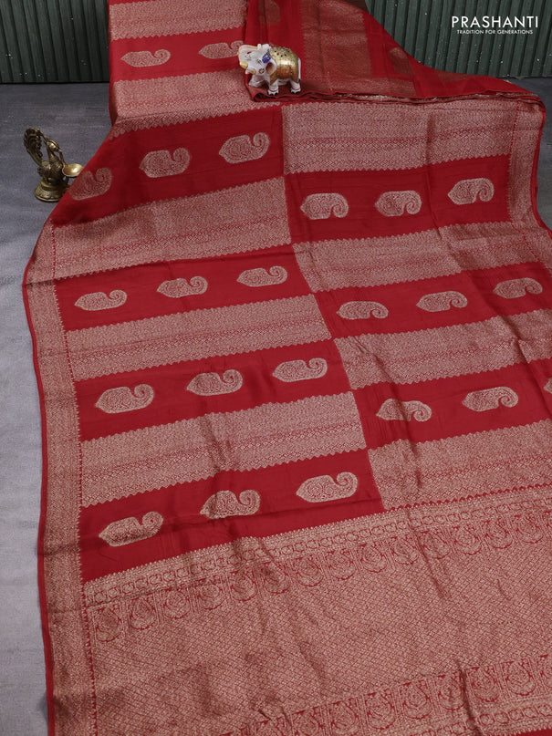 Banarasi semi raw silk saree red with allover thread & zari weaves & buttas and woven border