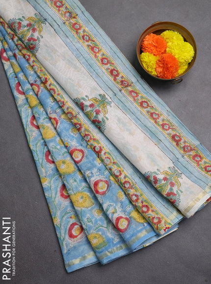 Chanderi bagru saree light blue with allover kalamkari prints and zari woven border