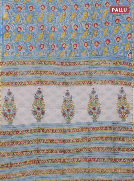 Chanderi bagru saree light blue with allover kalamkari prints and zari woven border