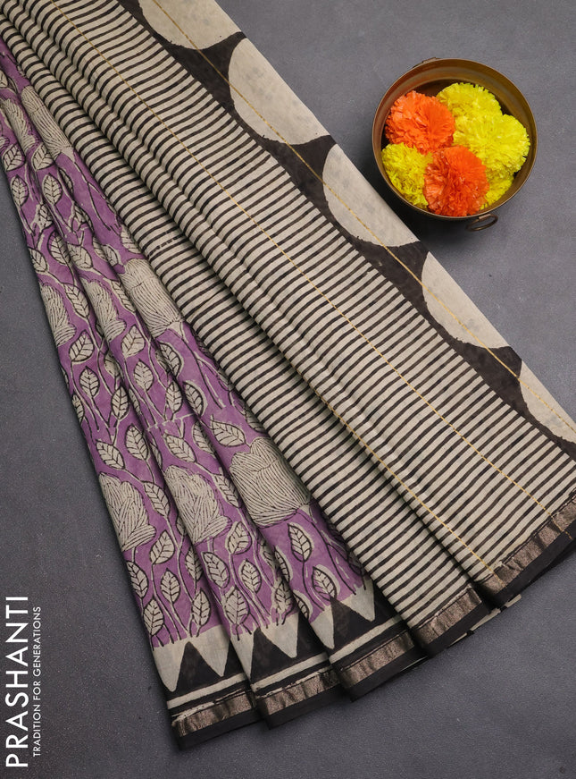 Chanderi bagru saree lavender with allover kalamkari prints and zari woven border