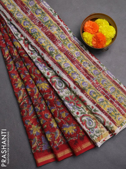 Chanderi bagru saree maroon with allover kalamkari prints and zari woven border