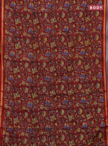 Chanderi bagru saree maroon with allover kalamkari prints and zari woven border