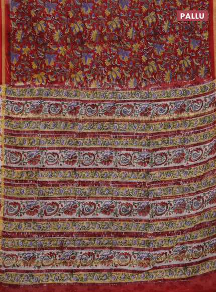Chanderi bagru saree maroon with allover kalamkari prints and zari woven border